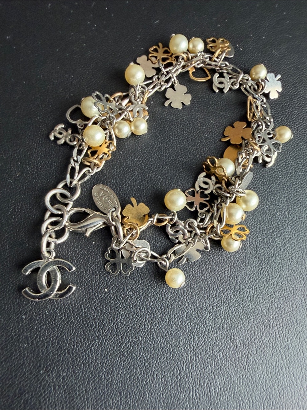 CHANEL Vintage Authentic Two-Tone Floral Charm Bracelet with Cream Beads